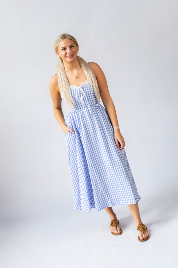 BLUEBIRD GINGHAM MIDI DRESS - THE MNRCH